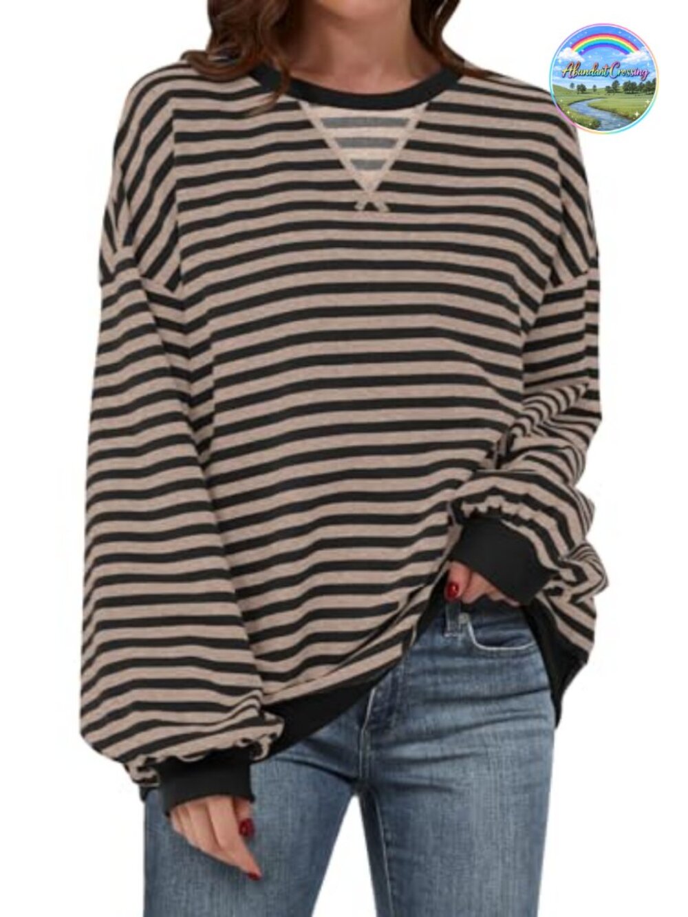 Oversized Striped Crew Neck Sweatshirt Long Sleeve Casual Pullover